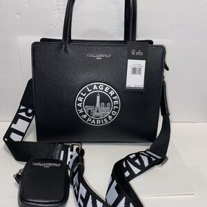 $228 New KARL LAGERFELD PARIS Medallion Crossbody Bag With Pouch Black Color